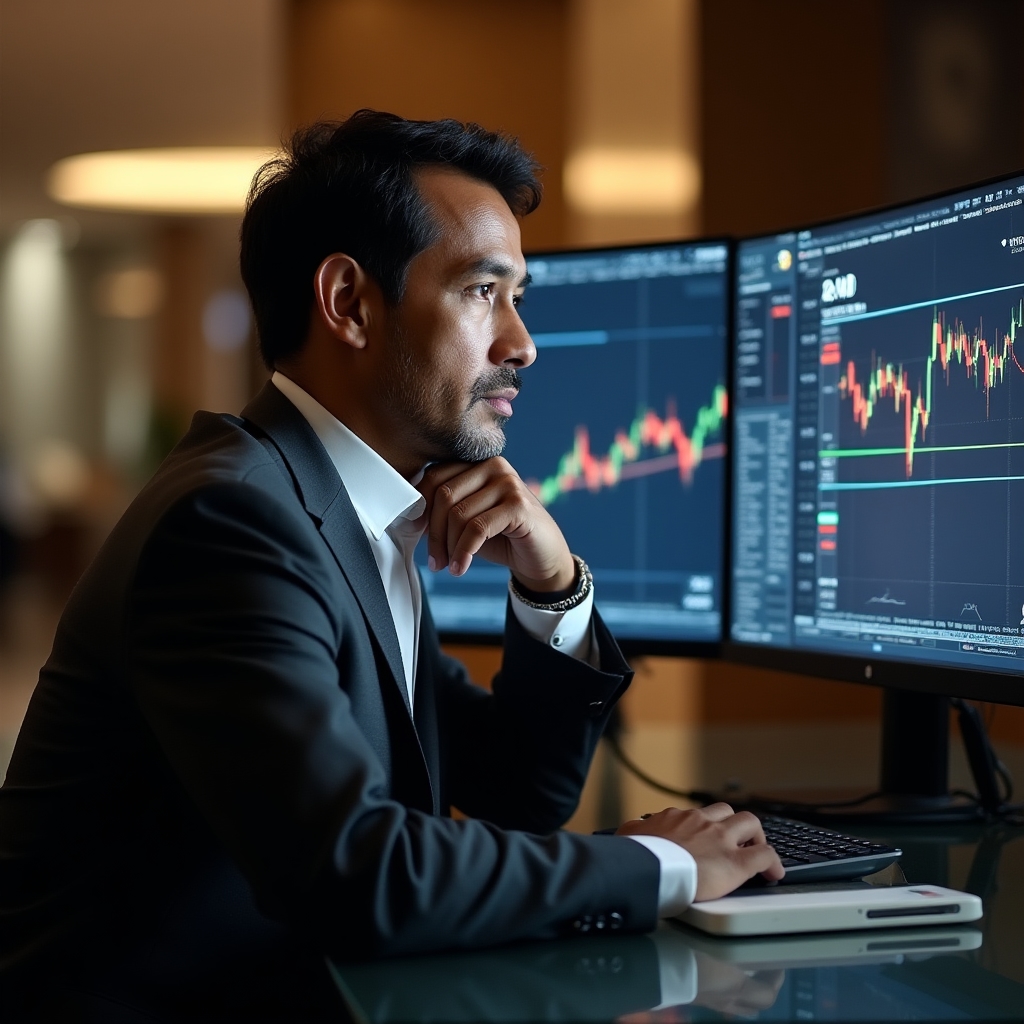 Financial analyst reviewing currency pair charts on a desktop monitor in a professional office environment