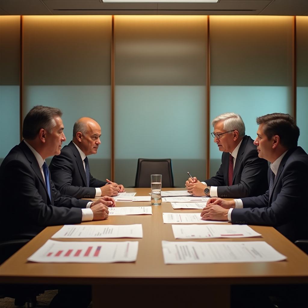 Wide shot of a formal financial meeting room with professionals studying economic policy documents and central bank reports spread across a large table
