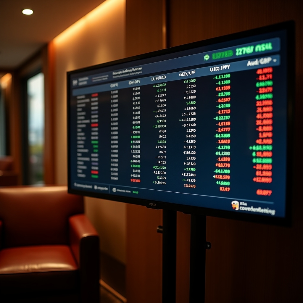 Wide-angle view of a financial data terminal displaying real-time forex rates, economic indicators and currency pair movements in warm office lighting
