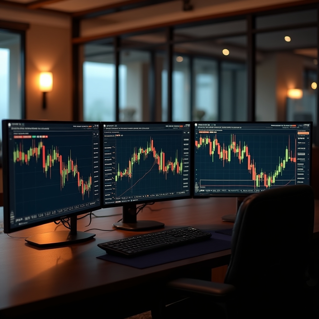 Multiple trading screens displaying forex currency pair charts and market data